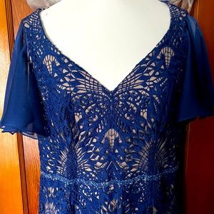 Women’s gown, Cobalt blue V-neck, beaded waist, short sleeves, scalloped hem